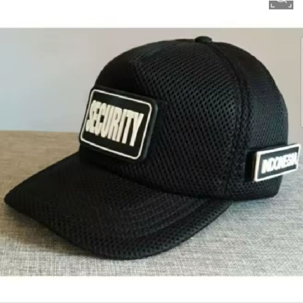TOPI JARING DOUBLE MESH HITAM TULISAN SECURITY PUTIH - TOPI SECURITY 3 PATCH TULISAN SECURITY PUTIH 