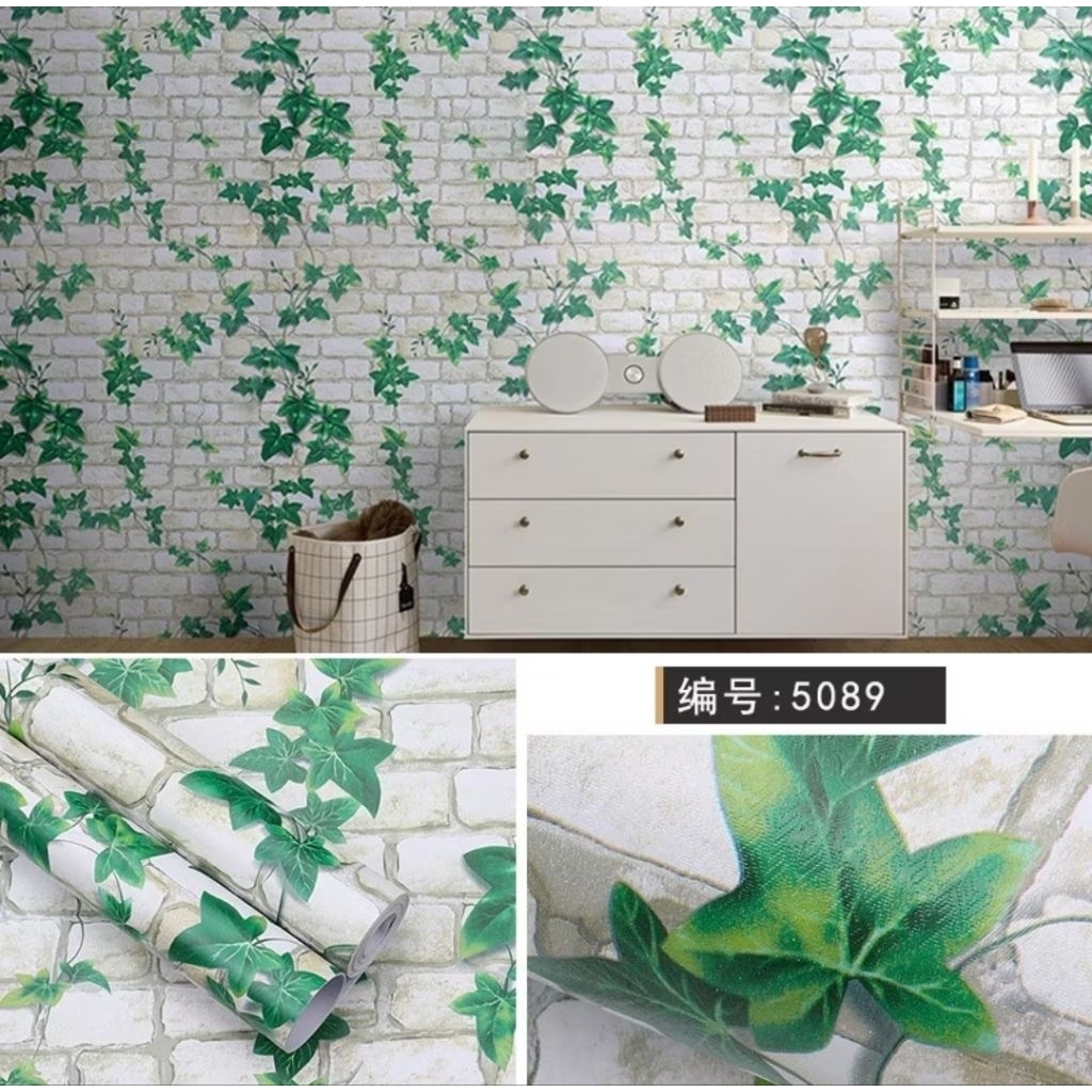 wallpaper dinding - stiker dinding pvc bata daun - dekorasi dinding kamar tidur aesthetic