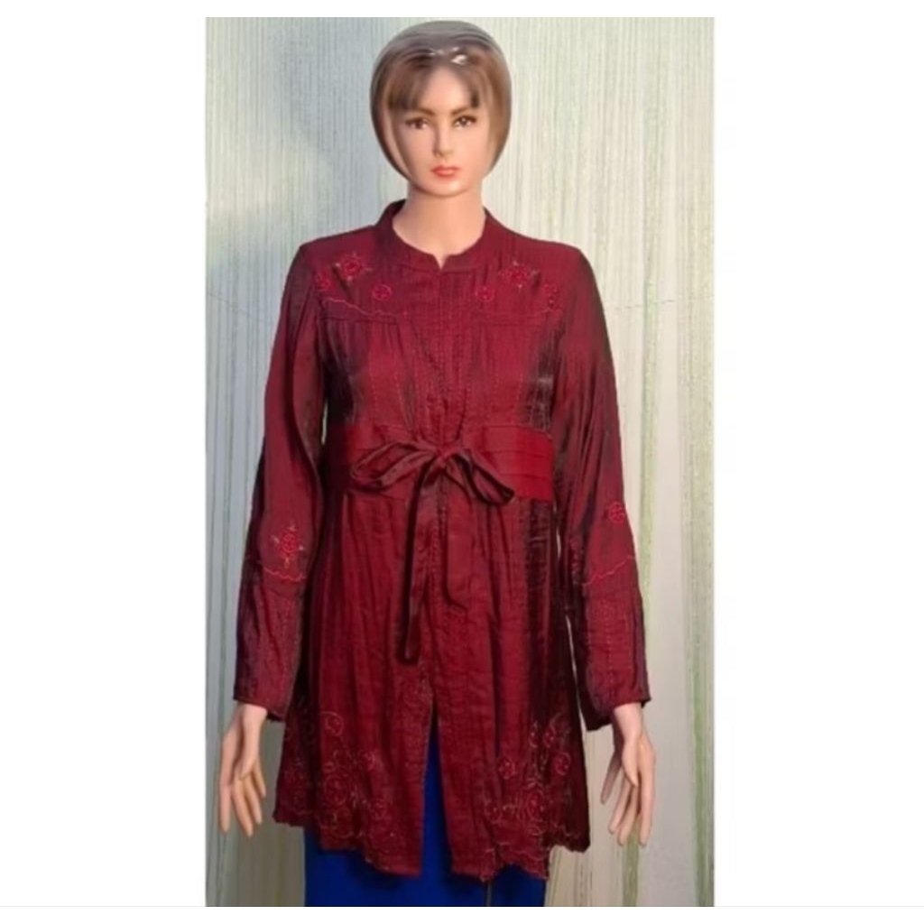 blouse wanita merah maroon lengan panjang, tunik merah maroon