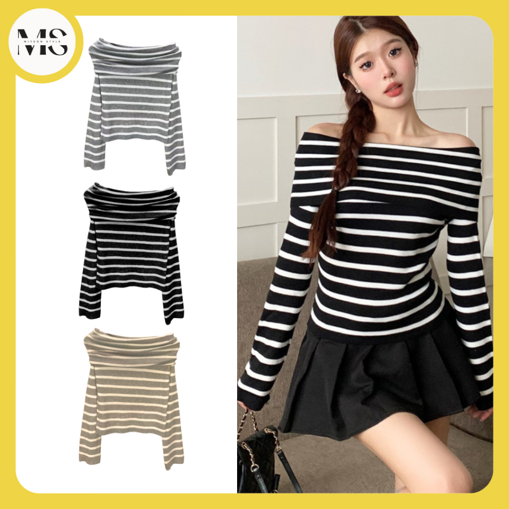 *Miyeon* BJ532 Baju Off Shoulder Atasan Sabrina Motif Garis-Garis Lengan Panjang Long Sleeve Knit