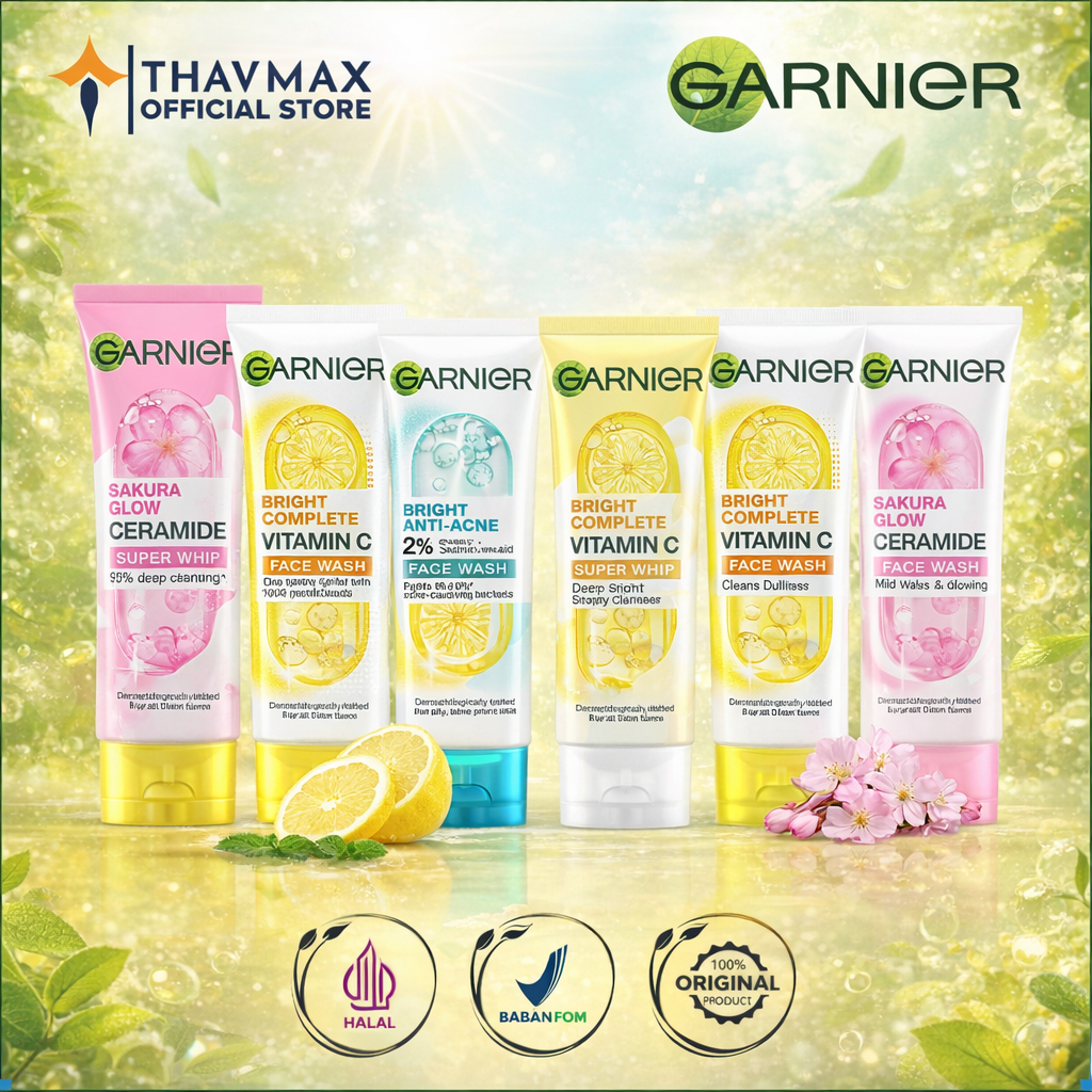 GARNIER Facial Foam Cuci Muka 100ml Membersihkan Wajah Lemon Sakura Scrub