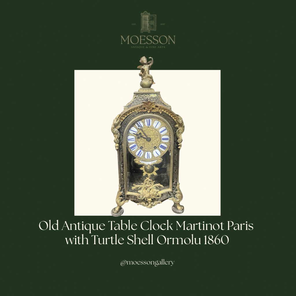Jam Meja Antik Martinot Paris dengan Cangkang Kura Kura Lapis Emas 1860 Lawas