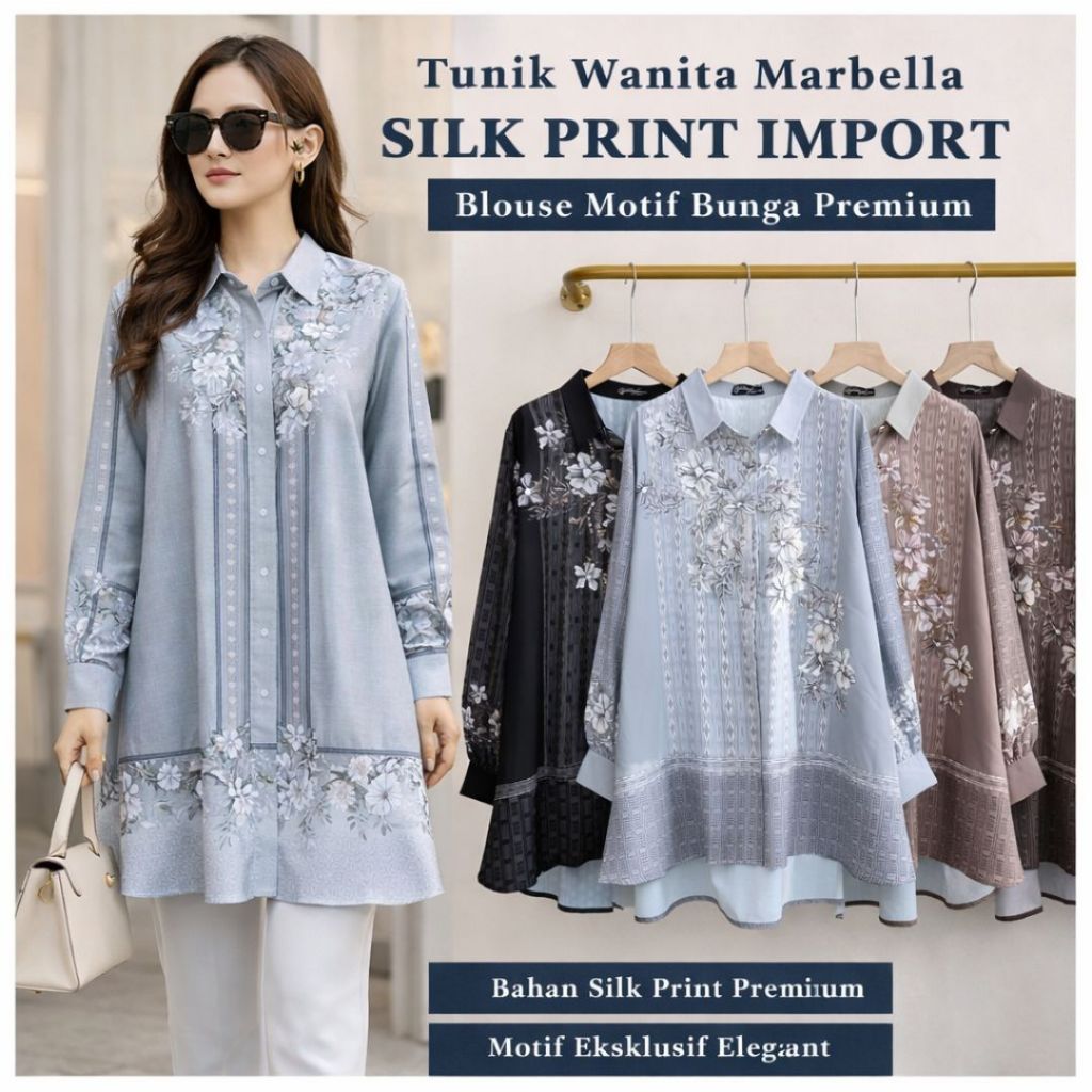 Tunik Wanita Marbella Silk Print Import | Blouse Motif Bunga Premium | Atasan Panjang Elegant