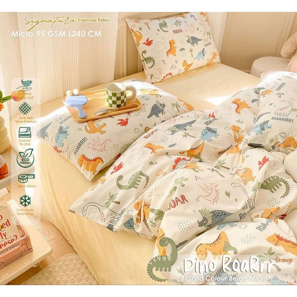 Sprei Karakter Anak Dino RoaRrr Sarung Bantal Guling Ukuran Lengkap Kain Karet