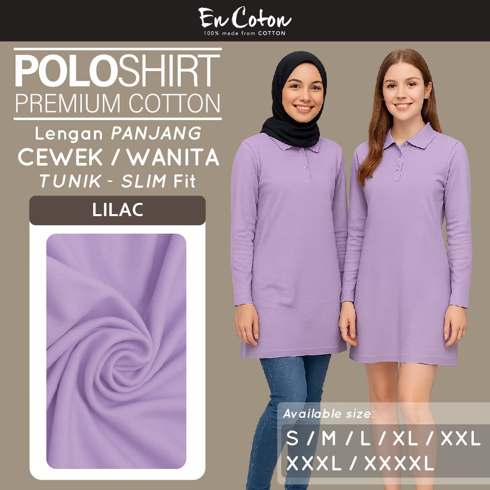 ENCOTON Kaos Kerah Polo Dress Tunik terusan Wanita Cewek LILAC Tangan Lengan Panjang