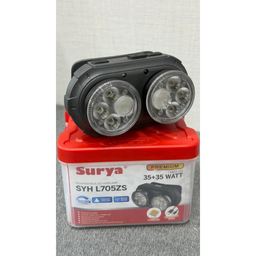 SURYA senter kepala led SYH L705ZS 35+35watt  2 cahaya putih dan kuning tahan hingga 50jam mode sens