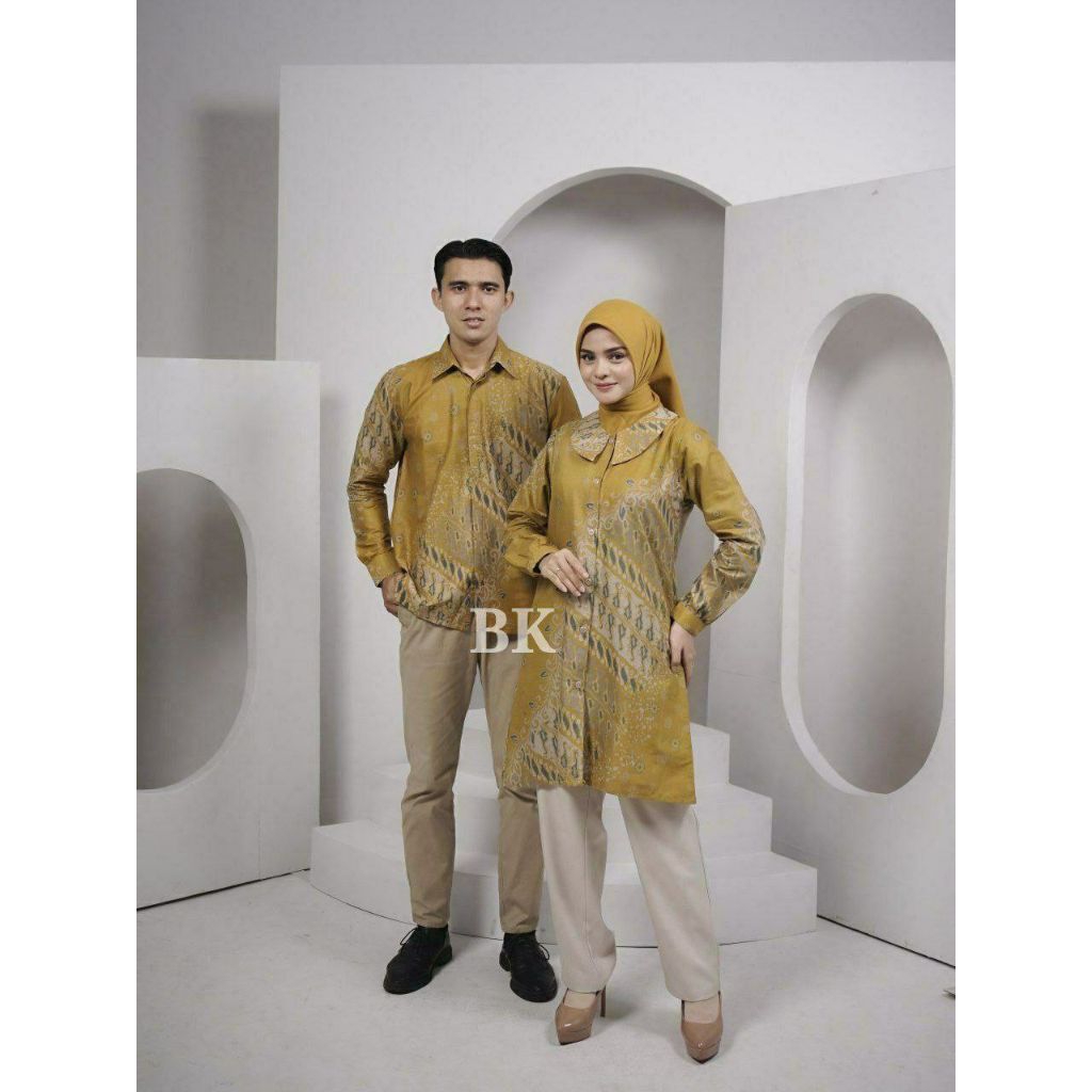 BAJU ATASAN BATIK PRIA DAN WANITA WARNA KUNING SIZE M L XL XXL | COUPLE BATIK KEMEJA TUNIK KUNING SE