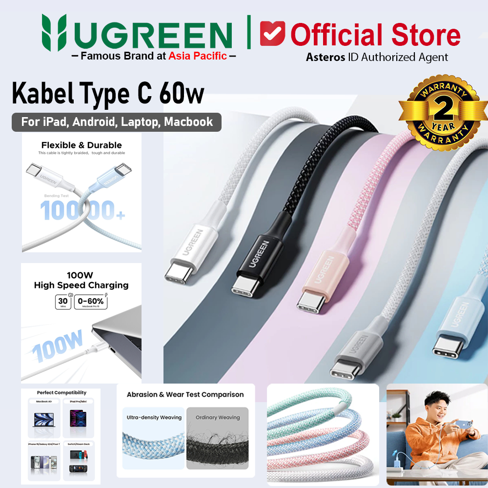 UGREEN Kabel PD Type C to Type C Nylon Braided Fast Charging Max 3A 60w
