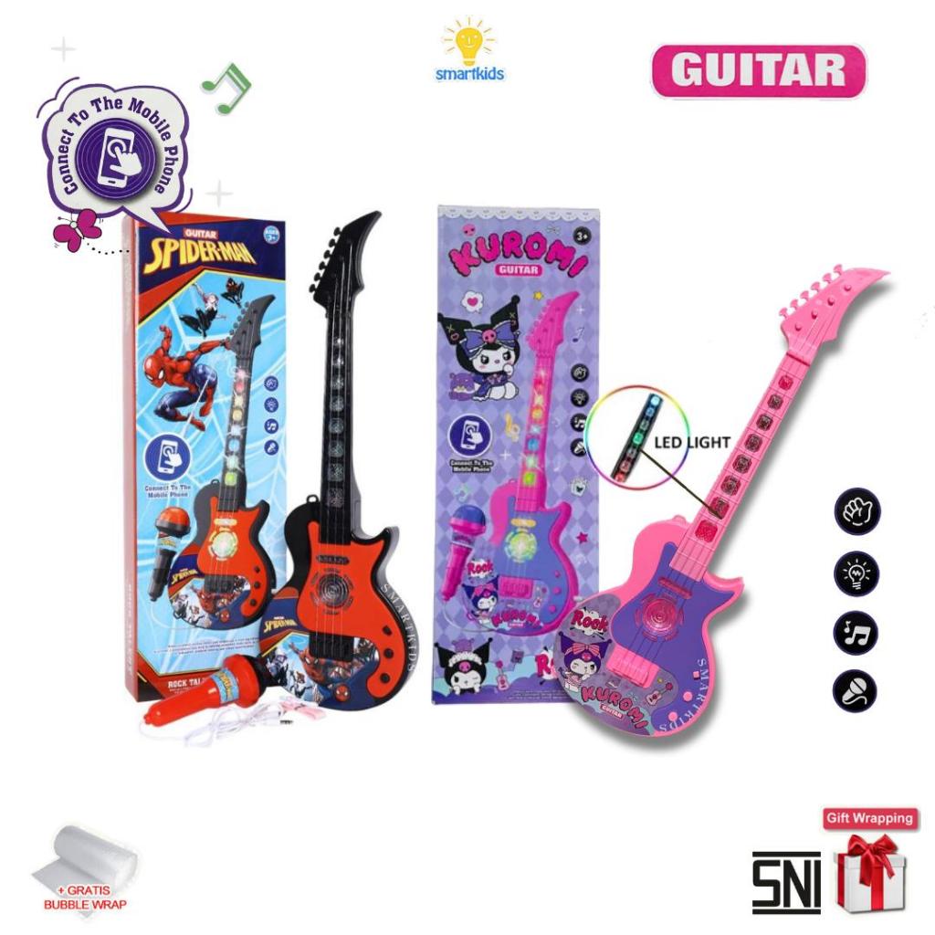 Mainan Anak Gitar Mikrofon Beragam Musik Audio Mic Cahaya Memutar Lagu dari HP Edukasi Melatih Benya