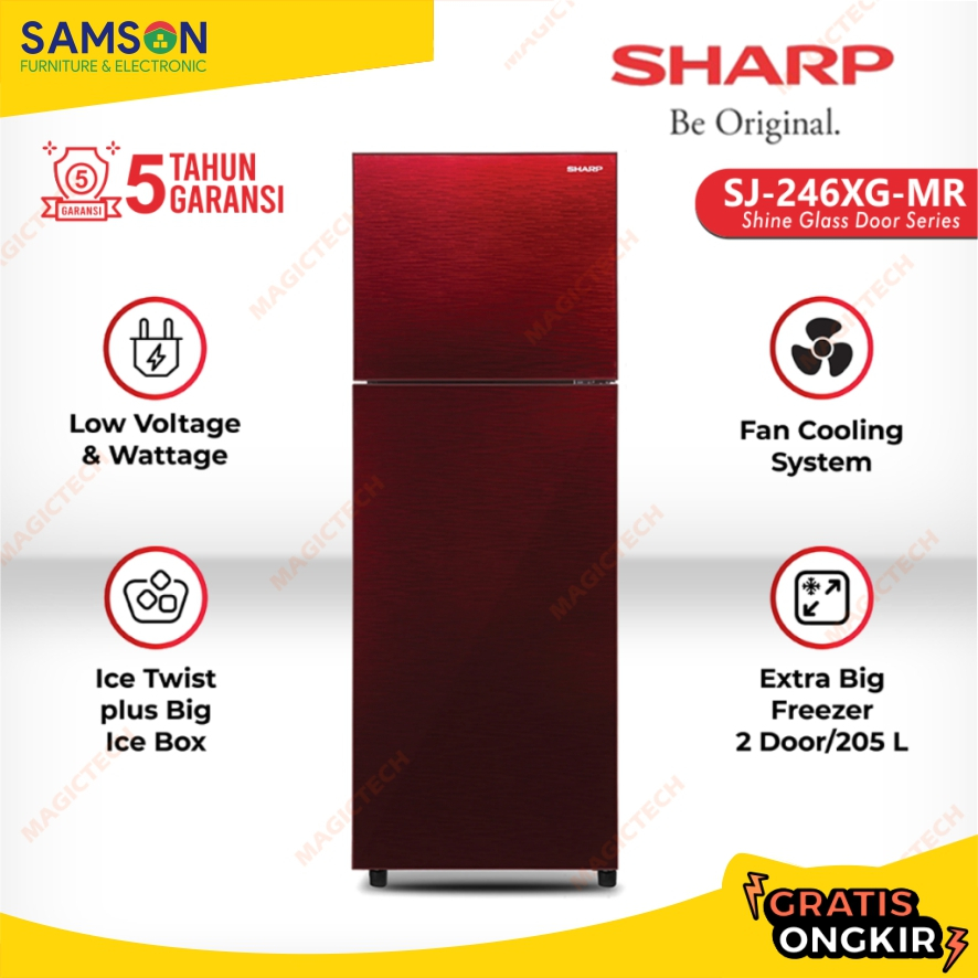 KULKAS SHARP 2 PINTU SJ-246XG-MR / SJ-246XG / SJ-246 SHINE GLASS DOOR RED