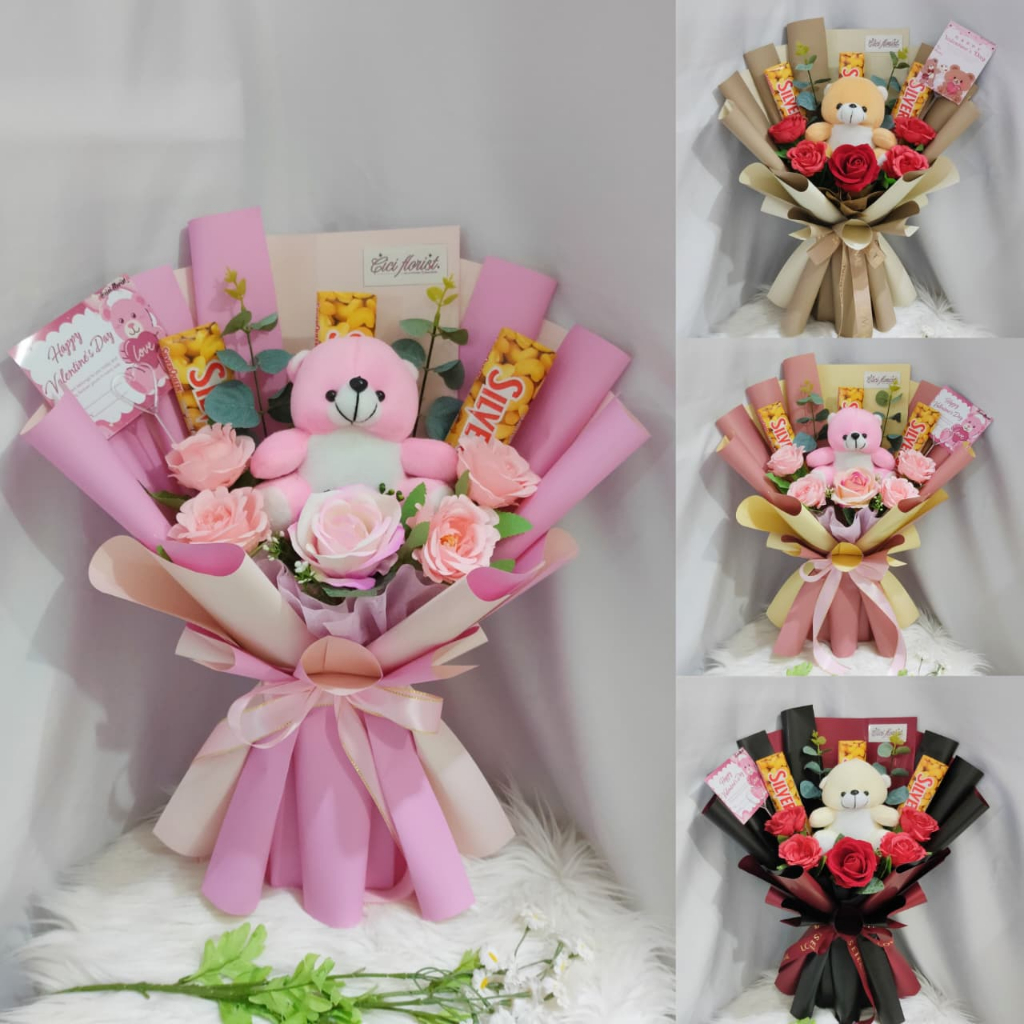 [Special Valentine 2026] Buket Bunga + Boneka Bear + Coklat Silverqueen 3pcs 52gr Edisi Valentine Bu
