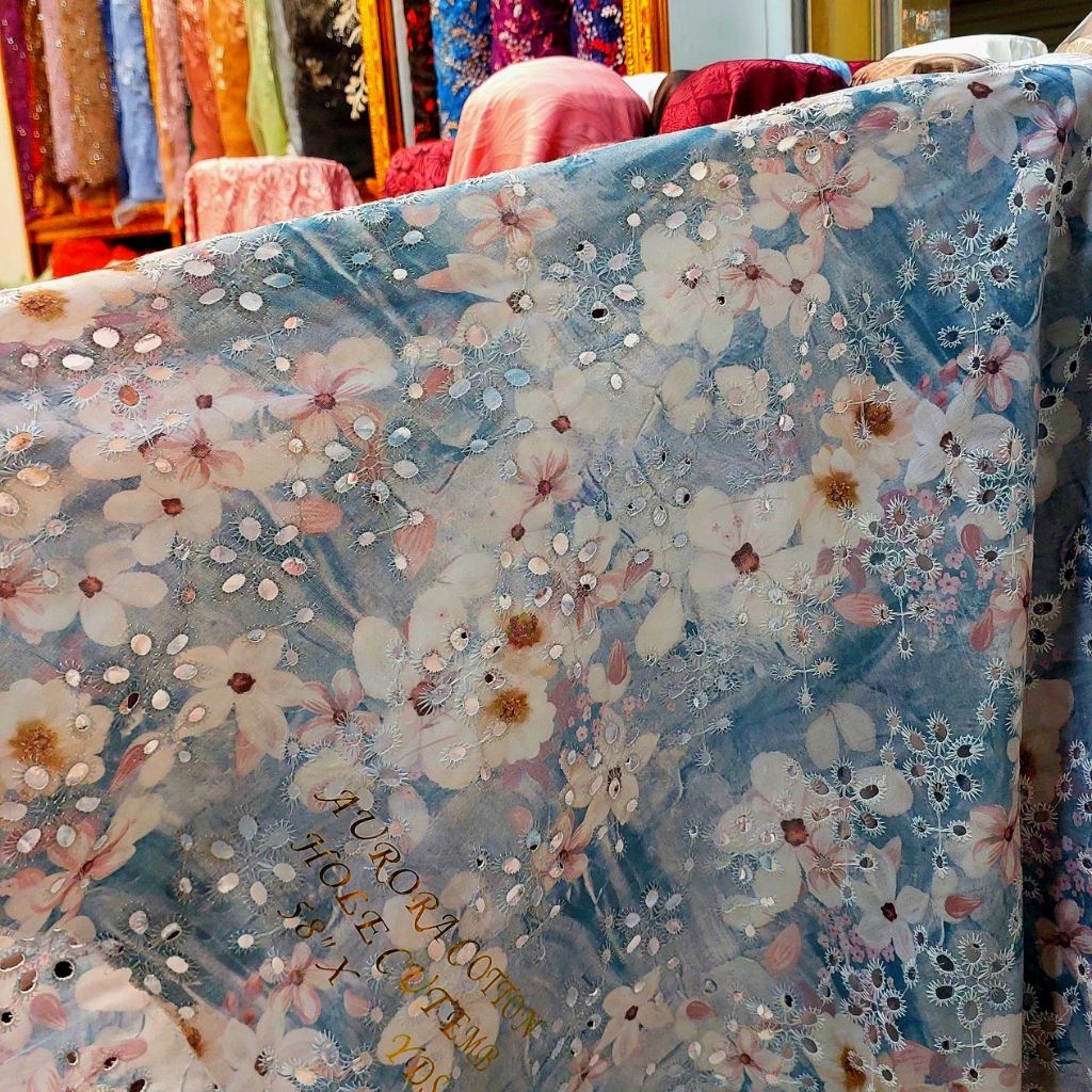 Kain katun bolong bordir 3d motif bunga/Bahan kain katun motif bunga bolong full bordir