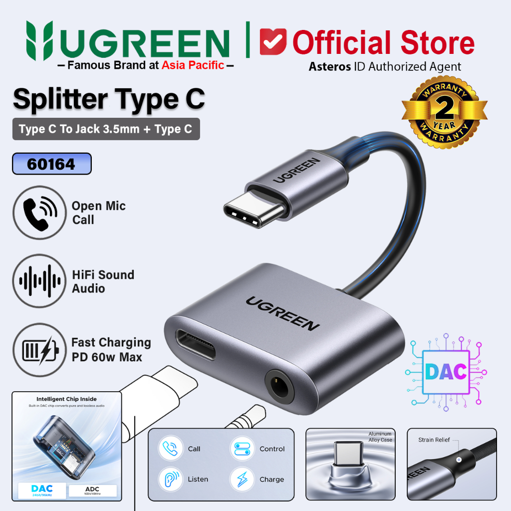 UGREEN Converter Splitter DAC USB Type C to Jack Audio 3.5mm + Type C Charging Audio Call Open Mic
