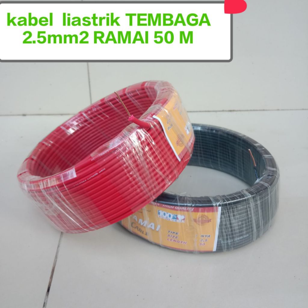 kabel istalasi listrii  kabel tembaga kawat tunggal isi 1 kabel NYA 1X2, 5MM2 50 YARD MERK RAMAI