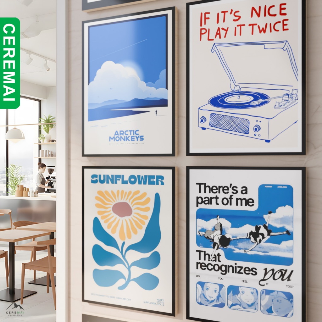 Poster Dinding Blue Azure Biru Minimalis Aesthetic Dekorasi Kamar Pajangan Rumah Wall Decor Kafe RW