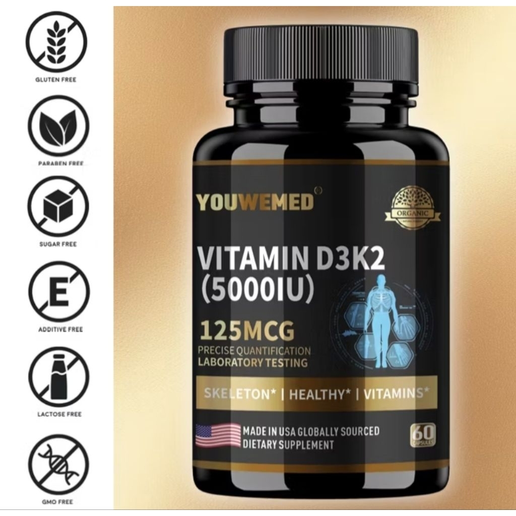 Vitamin D3 K2 5000 IU 125mcg | Suplemen Tulang & Sendi | Halal | 60 Kapsul