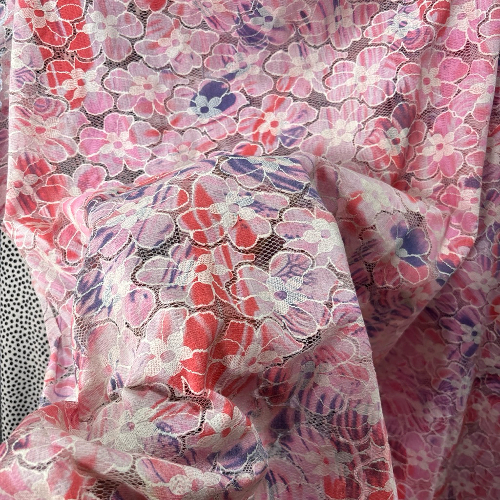 Kain Tile Brukat Motif Bunga Shabby Pink Purple - Bahan Tile Premium Lembut & Transparan - Meteran U