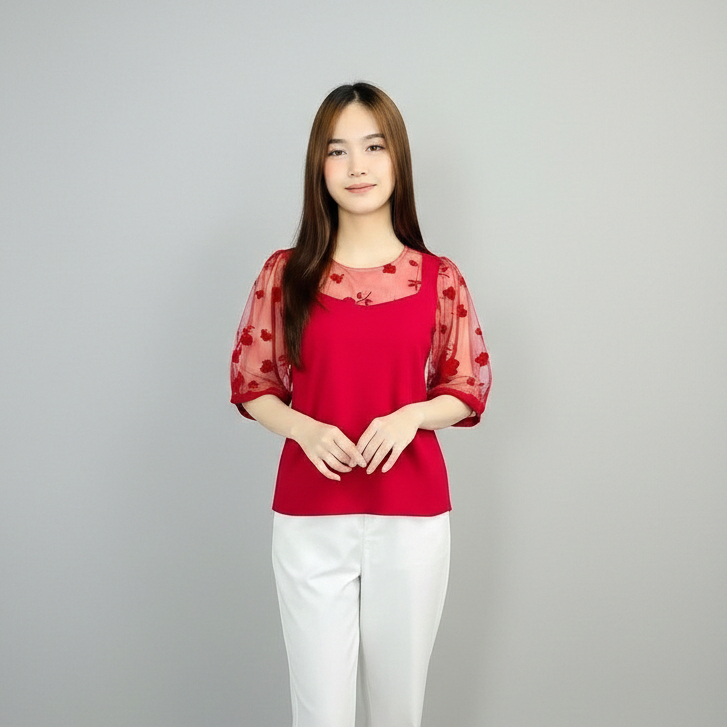 300196 | KAOS KOMBINASI TILE PREMIUM STRECH LENGAN 3/4 MOTIF BUNGA HITAM MERAH CNY IMLEK