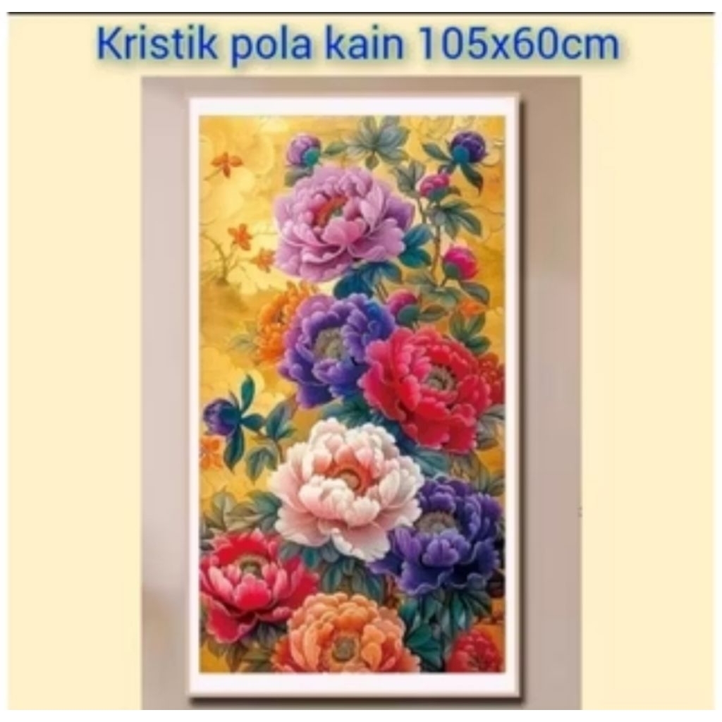 Paket kristik bunga mawar peoni vas pola kain cross stitch