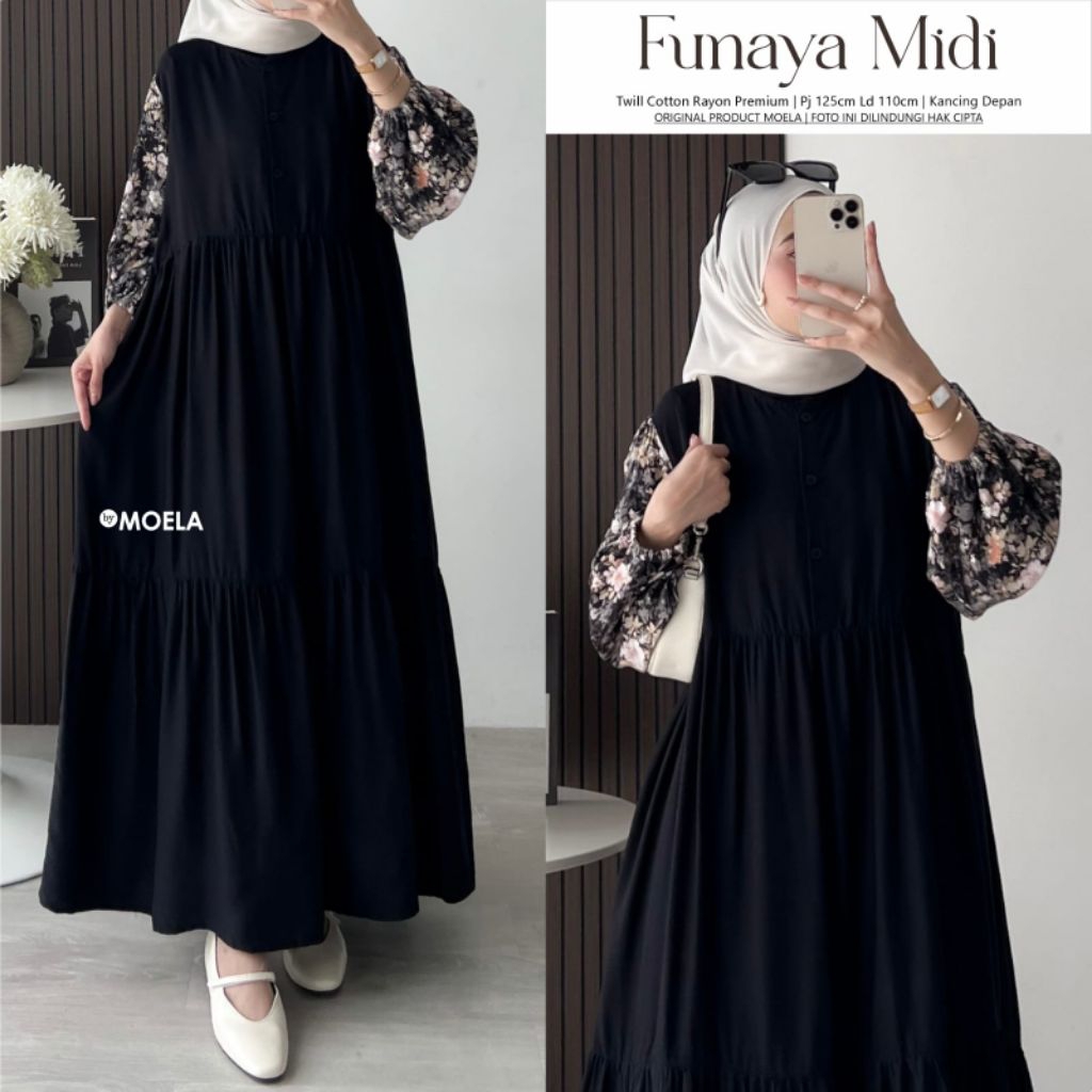GAMIS MIDI WANITA WARNA HITAM BAHAN RAYON PREMIUM MOTIF POLOS BY MOELA