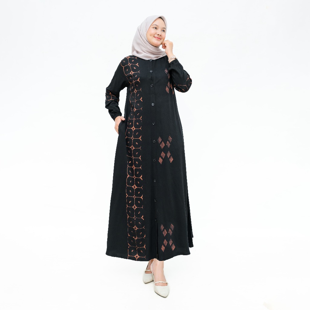 Gamis Rayon Twill Ori Premium Ethnic Kawung Hitam Mewah Original COD