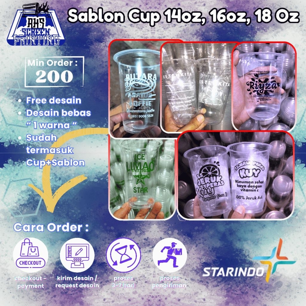Sablon Cup Starindo 14oz, 16oz, 18oz, datar dan oval 8gr