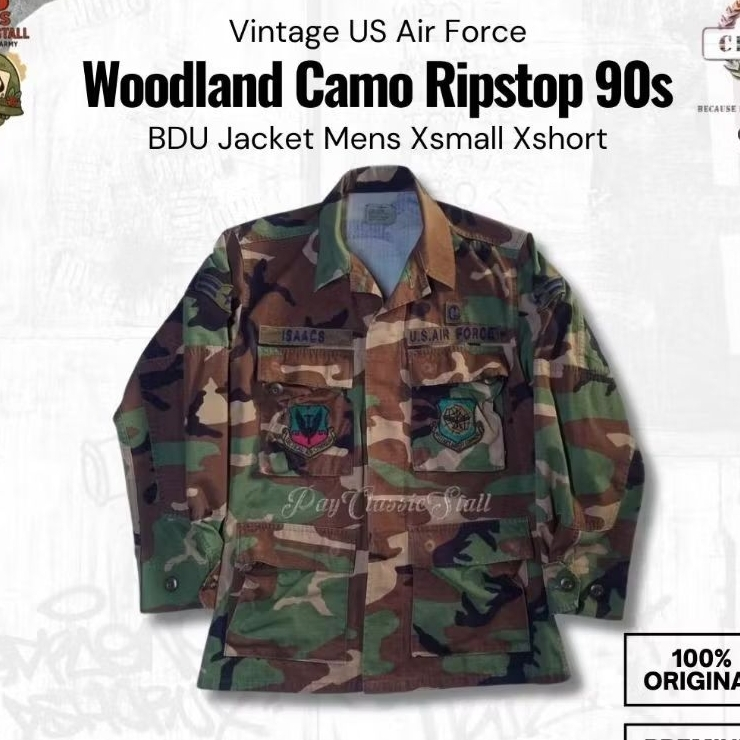 Kemeja Woodland Camo Ripstop 90s Vintage US Air Force BDU Jacket Mens Xsmall Xshort