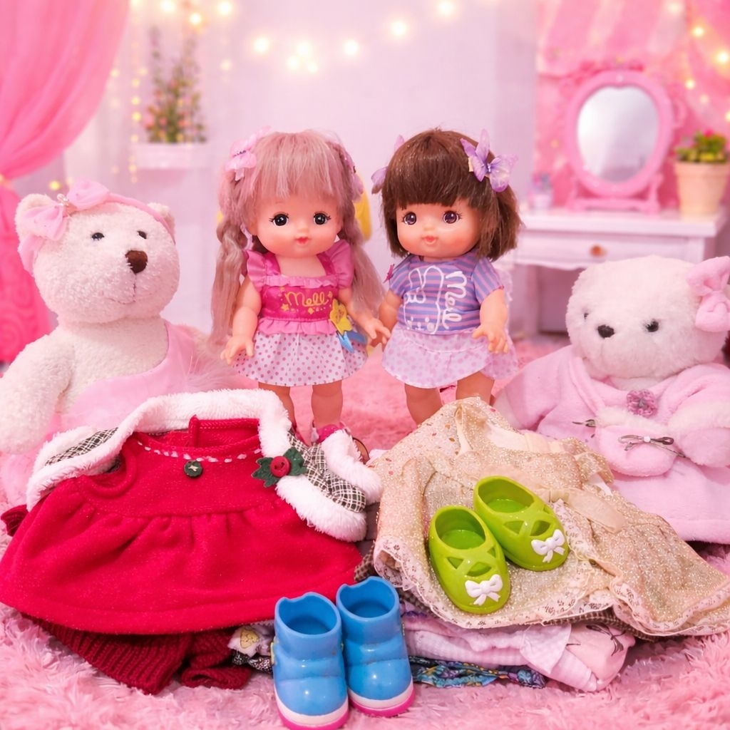 Paket 4 Boneka Preloved Original 2 Teddy House dan 2 Mell Chan Bonus Kostum Baju dan Aksesoris