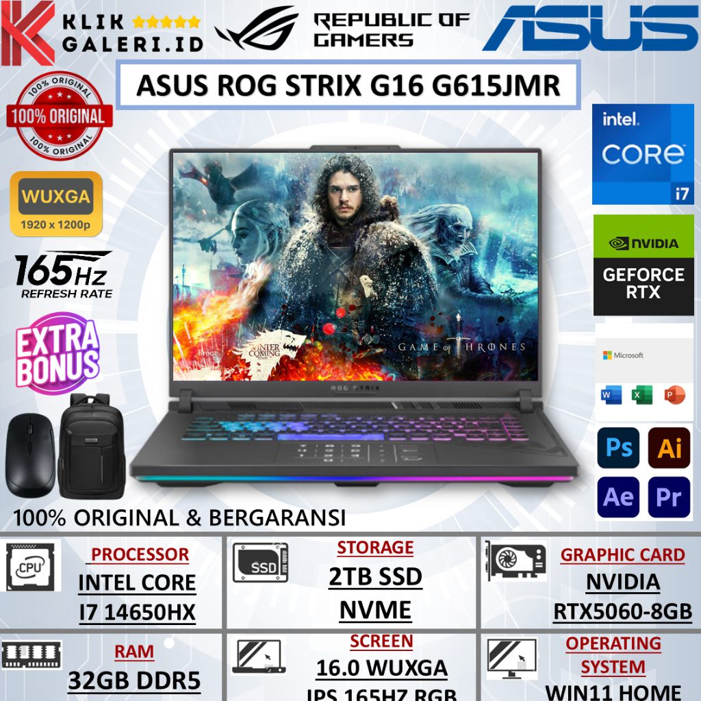 ASUS ROG STRIX G16 G615JMR INTEL I7 14650HX 32GB DDR5 2TB RTX5060-8GB 16.0 WUXGA 165HZ WIN 11 ORI