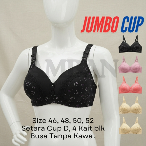 Venny DD853 BH Jumbo Cup D Tanpa Kawat Katun Adem Size 46D 48D 50D 52D Ecer & Paket 3 PCS Random