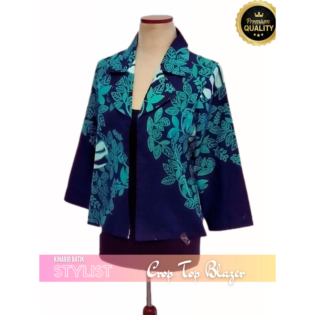 Outer Batik Wanita Kinario Crop Blazer Batik Tulis Kombinasi Abstrak Solo Modern Semi Formal Kerah S