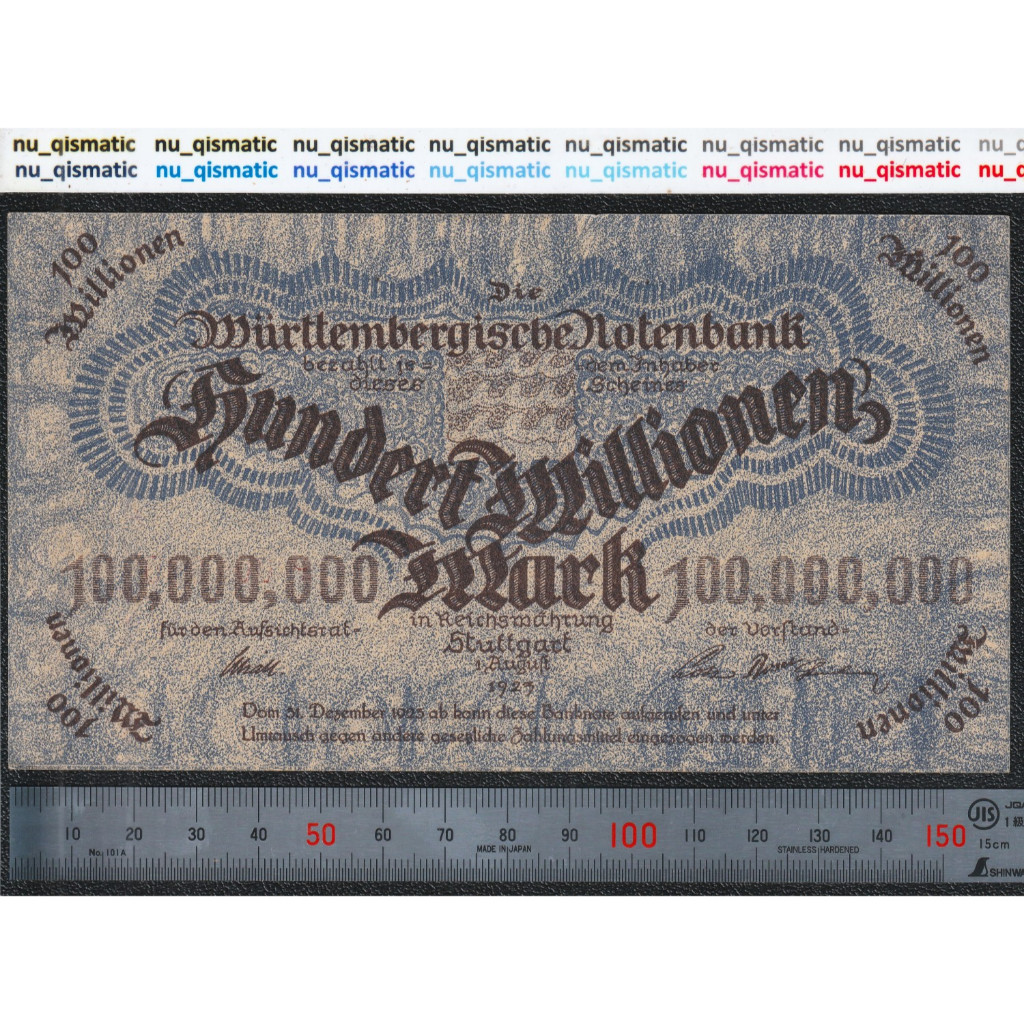 Uang LANGKA Jerman Germany 100 Million Mark, Stuttgart Wurttemberg 1923, Grade Choice AUNC EPQ Baru 