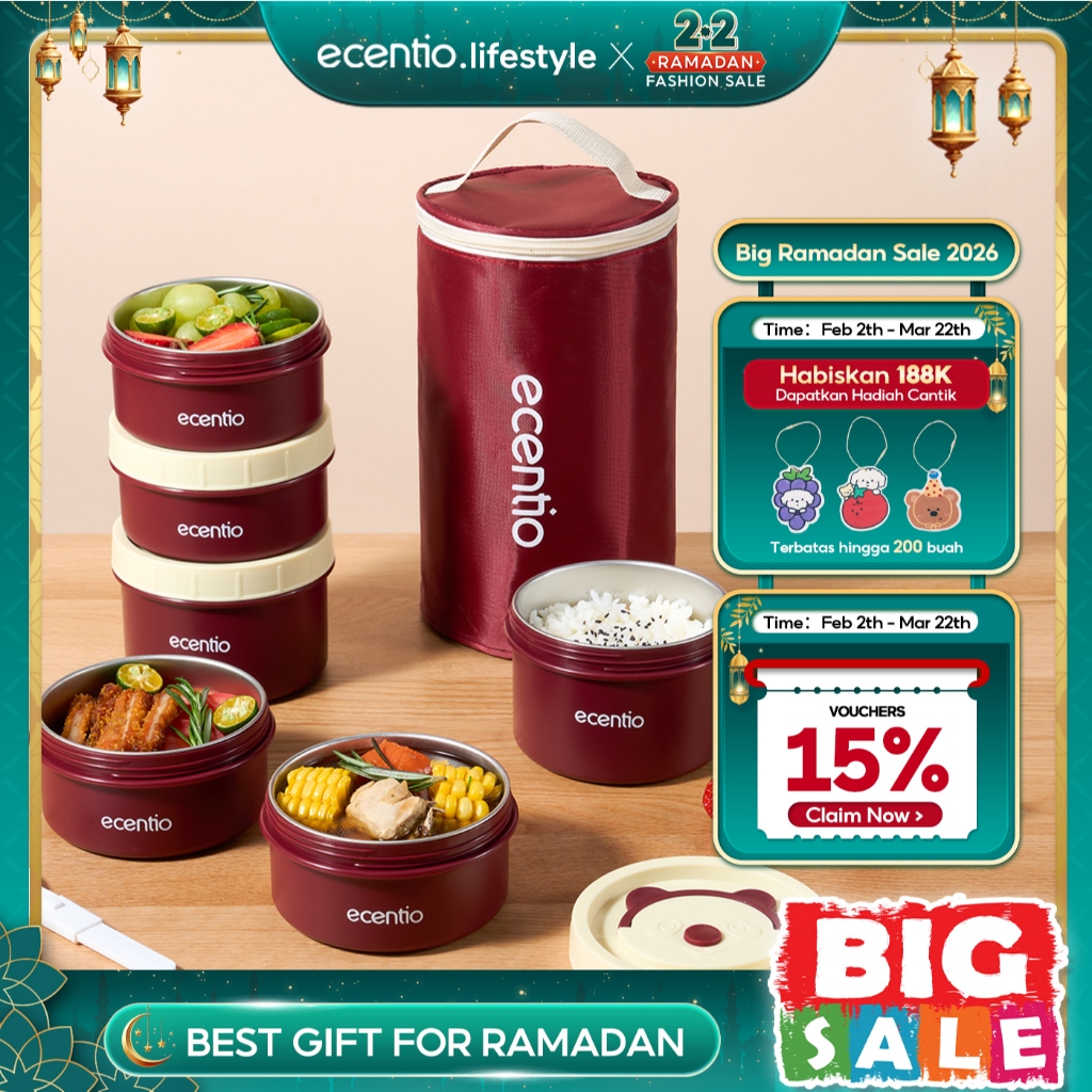 ecentio Tempat Bekal Makanan Tahan Panas Stainless Bekal Makan Set 3pcs Anti Tumpah Lunch Box Set Ra