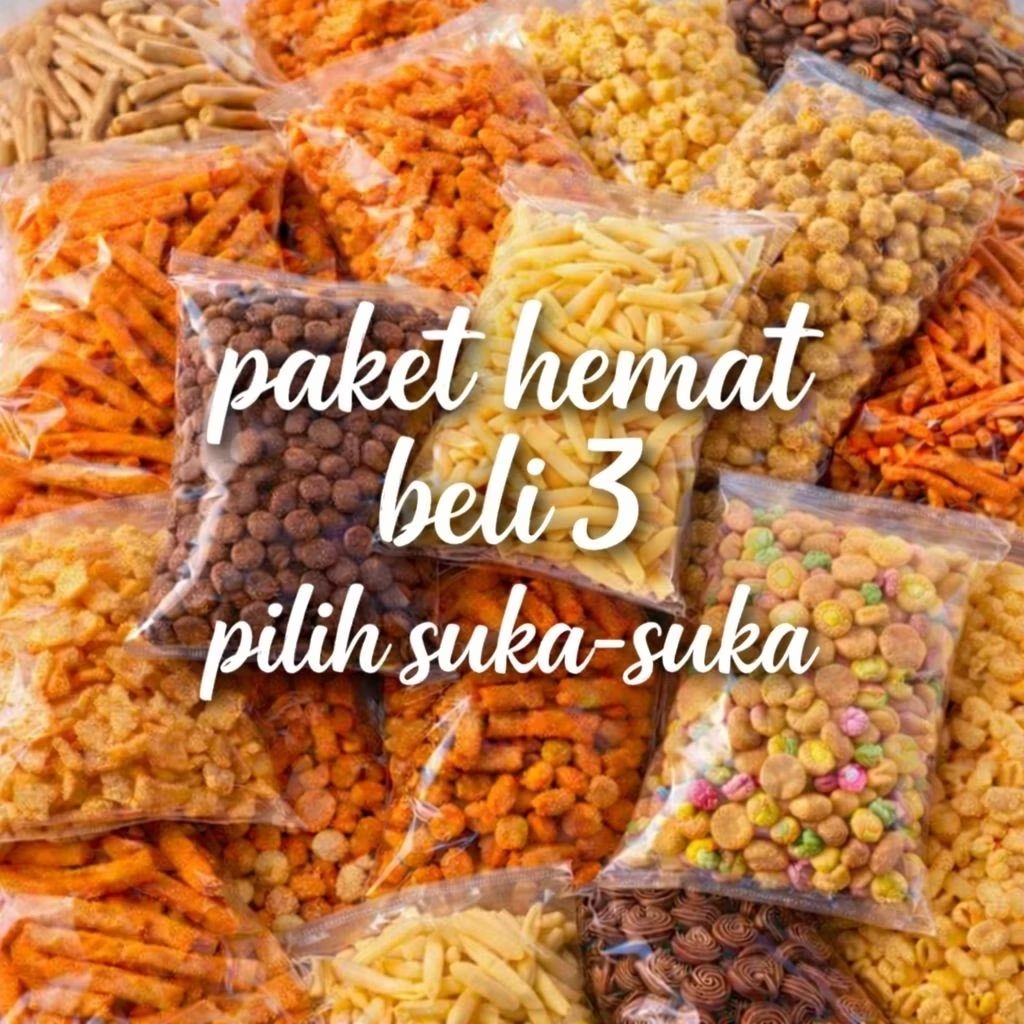 Paket hemat nyemil seminggu pilih 3 varian suka-suka Aneka Snack Pedas Asin Manis Gurih - Jajan Cami