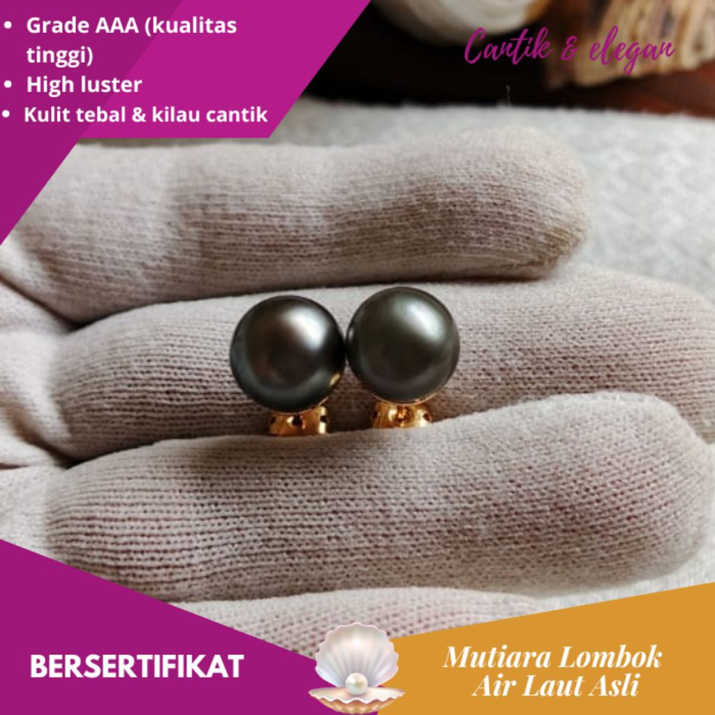 Giwang Anting Mutiara Lombok Air Laut Hitam Grade AAA