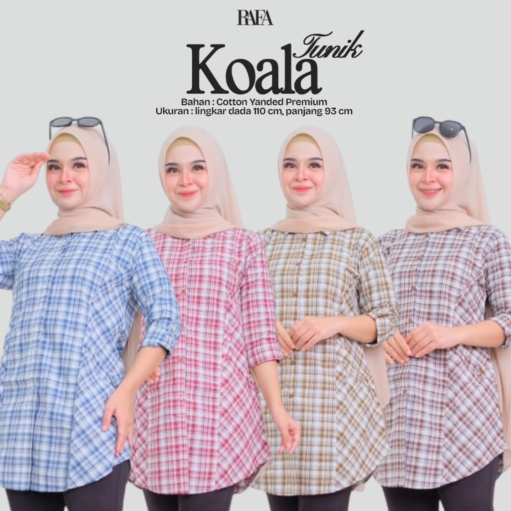 Atasan Kemeja Wanita Motif Kotak Koala Tunik Bahan Cotton Premium LD 110 cm