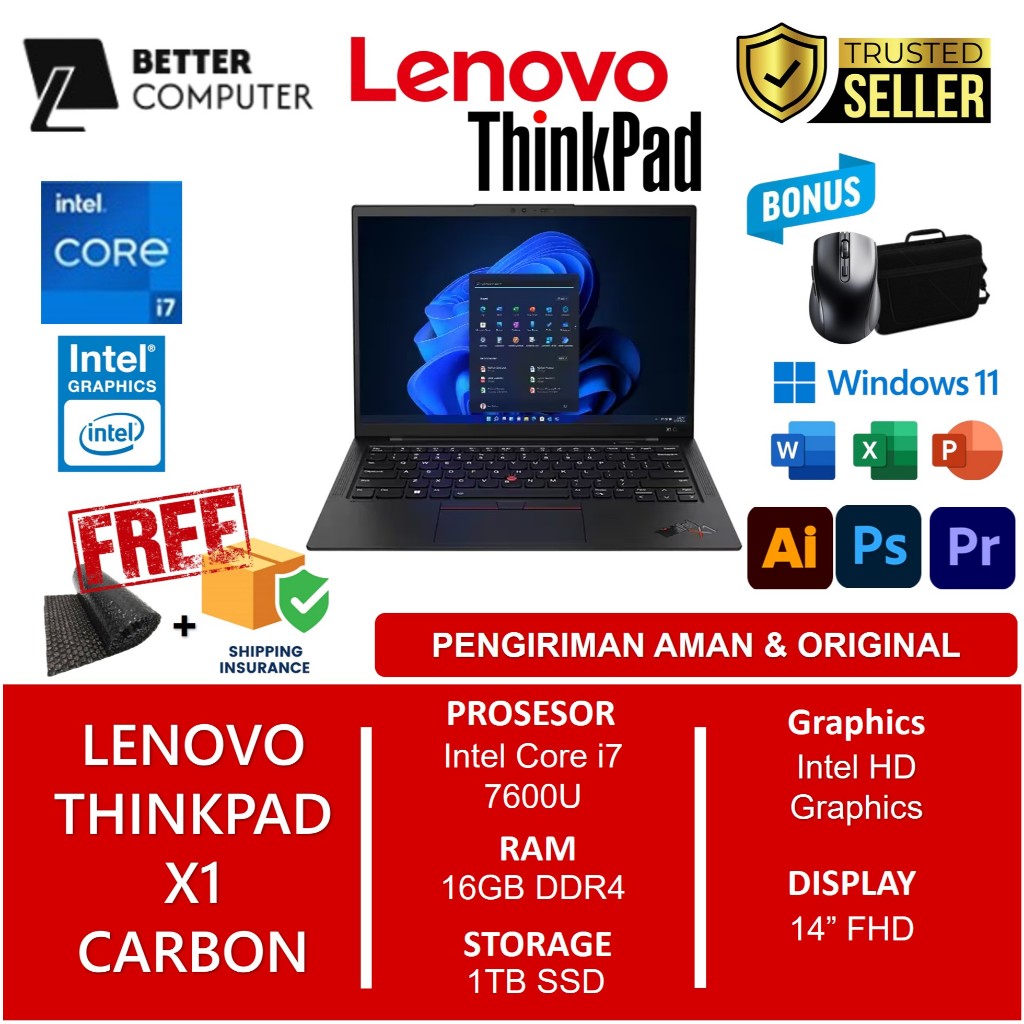 Laptop Lenovo ThInkpad X1 Carbon Intel I7 7600U Ram 16GB 256GB 14" FHD Windows 10 Pro