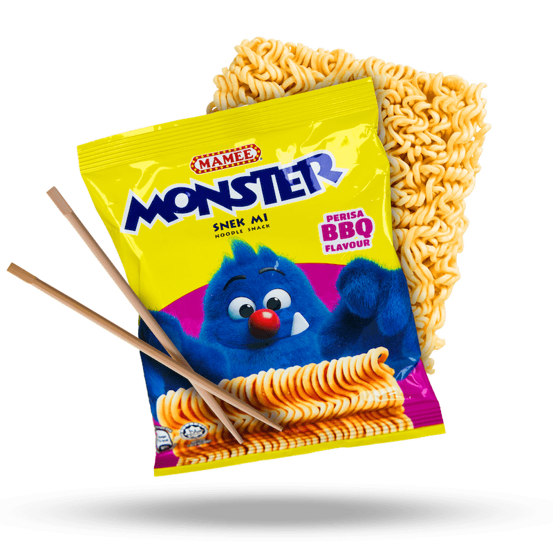 Mamee Monster Snek Mie Asli Malaysia 1pcs Camilan Mie Kering Rasa BBQ Ayam Pedas 25g