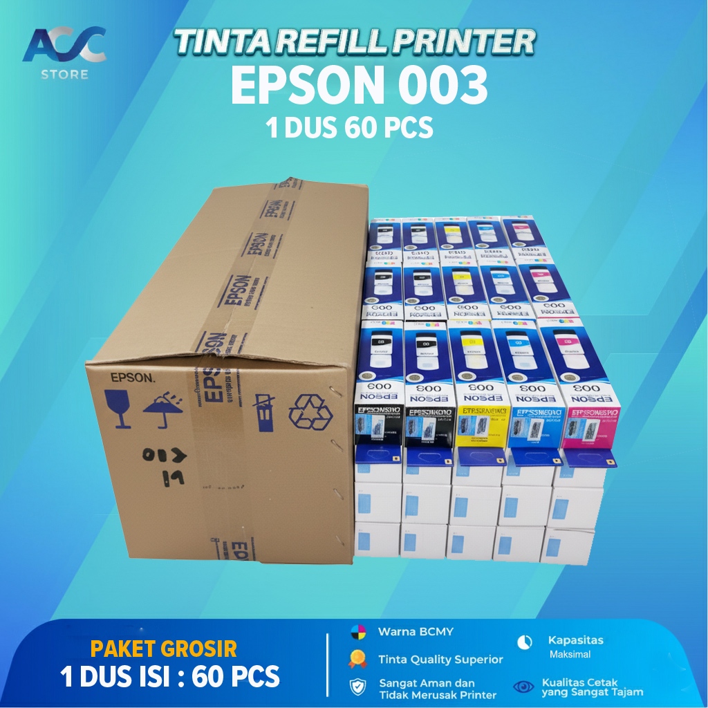 Paket 1 Dus Isi 60 Pcs Tinta Printer Kompatible Epson 003 Refill Premium CMYK 4 Warna
