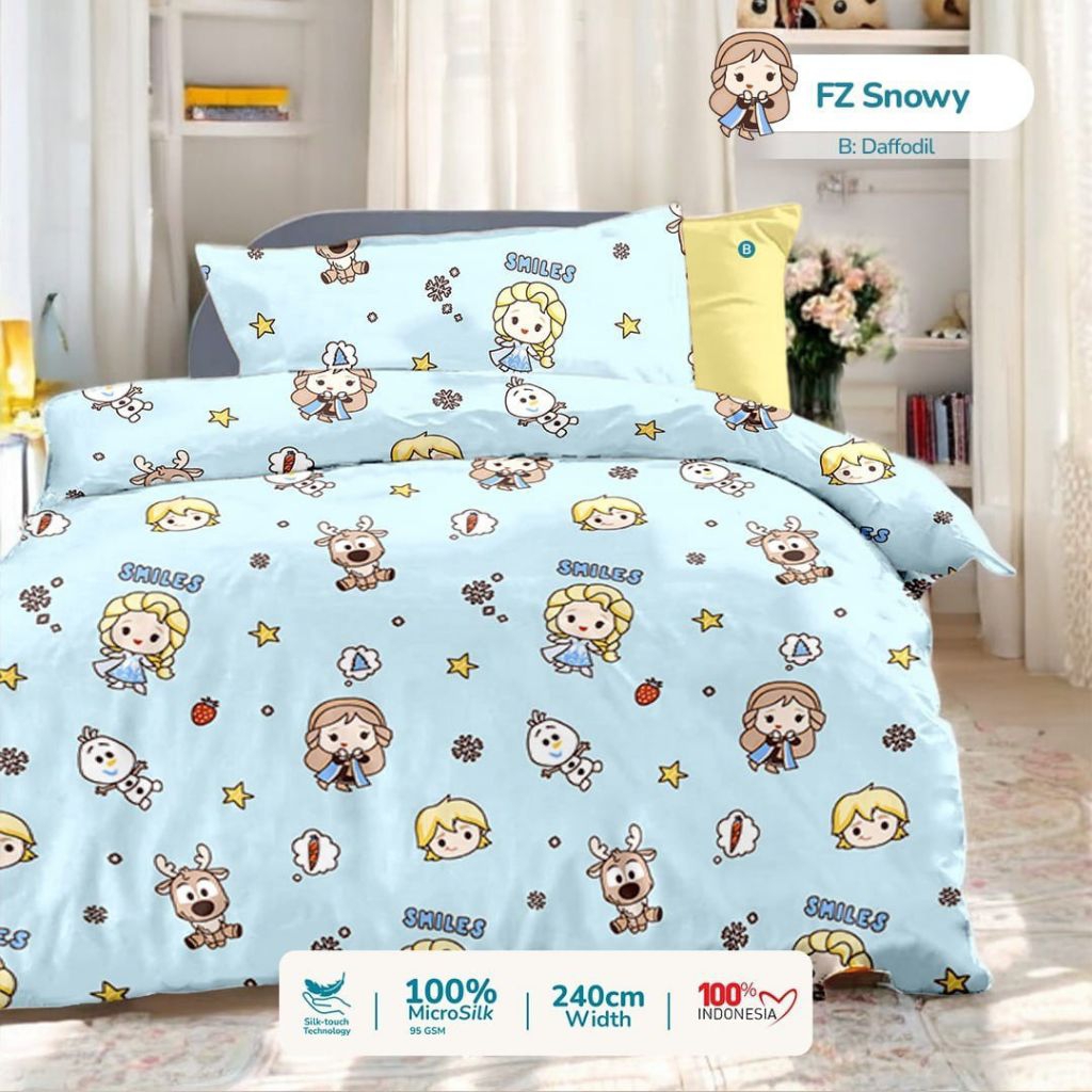 Sprei Bedcover Set karakter Anak Frozen Snowy Biru Sarung Bantal Guling Ukuran Lengkap Kain Karet