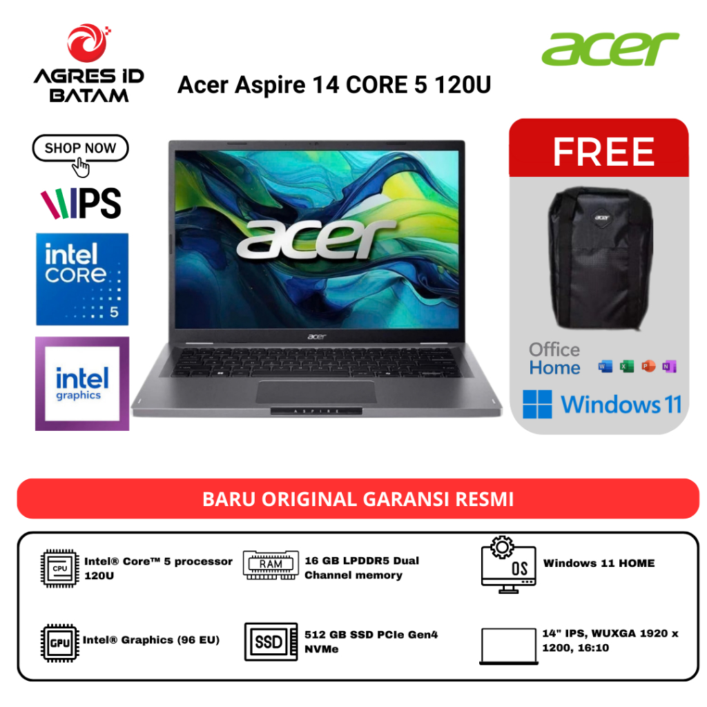 ACER ASPIRE 14 CORE I5 120U 16GB 512GB W11+OHS 14.0WUXGA IPS GRY -51M.52V6