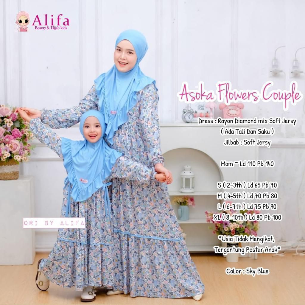 NEW Asoka flower couple ori Alifa / Gamis couple ibu dan anak lebaran 2026 / Gamis set hijab ibu dan