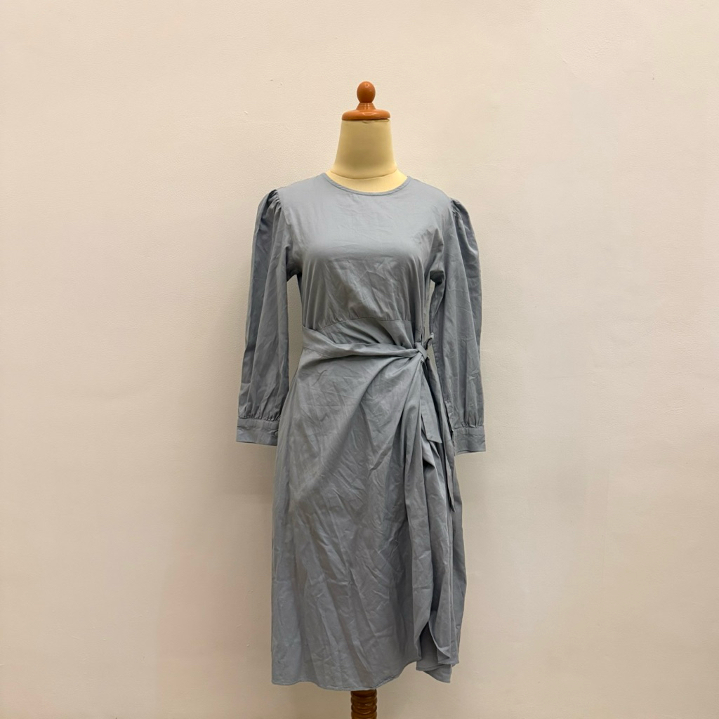 PRELOVED Ninette Baby Blue Basic Wrap Long Sleeve Midi Long Dress Vintage Tied Fashion Wanita