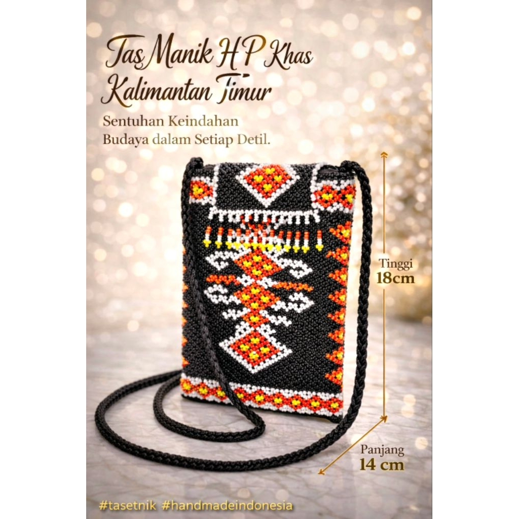 Tas Manik HP Etnik Kalimantan Timur Handmade | Tas Selempang Manik Dayak | Dompet HP Wanita