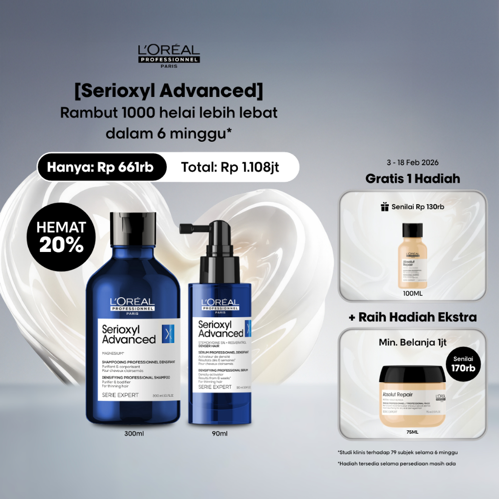 Serioxyl Hair Serum 90ml + Serioxyl Shampoo 300ml - Serum & Shampoo Penumbuh Rambut by L'Oreal Profe