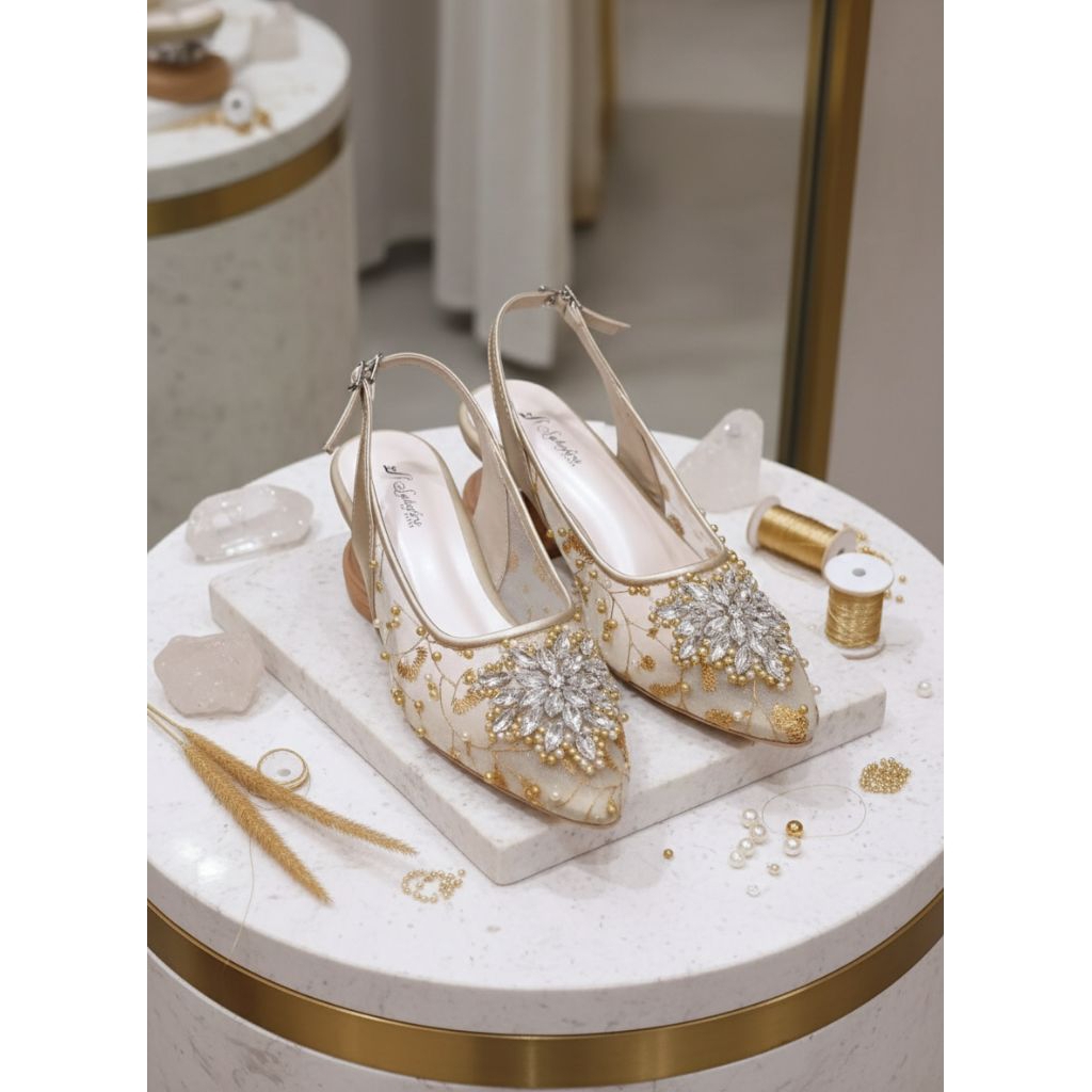 Syhafira - Catrina Selop Pengantin Selop Wedding Heels Pesta  Hak Kaca3 Cm Gold