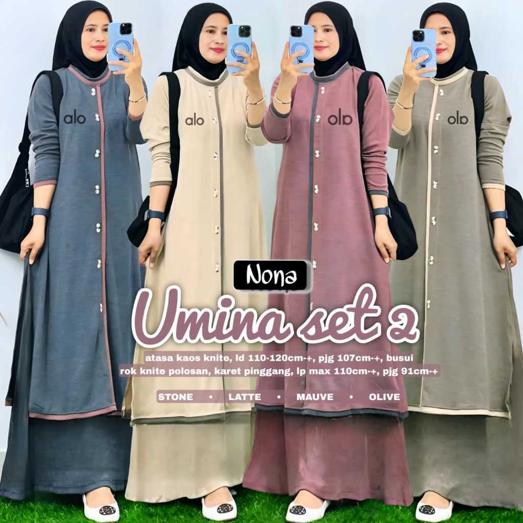 Umina Set 2 Outer Gamis Setelan Rok Original Nona Kaos Knite Premium Import Busui Friendly Korean St