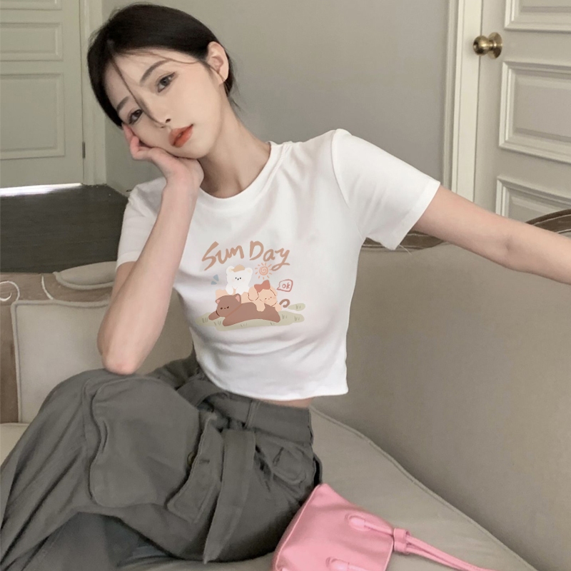 YIKOO - Kaos Crop Top Lengan Pendek T Shirt Pola Kucing Dan Anjing Baju Wanita