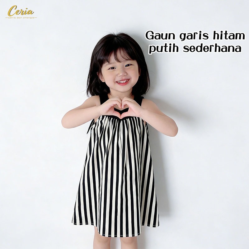 Ceria-Gaun Garis Hitam Putih Musim Panas Sederhana/ Gaun Tanpa Lengan Anak Perempuan/ Gaun Santai Be
