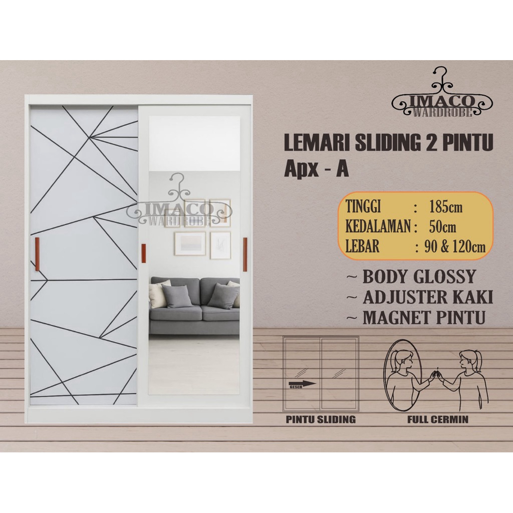 APX - Lemari Baju Besi Sliding 2 Pintu lebar 120 cm / Lemari Pakaian Besi 2 Pintu Sliding / Lemari B